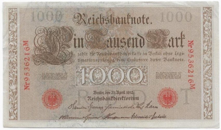 1000 Mark 1910 Reichsbanknote; two red seals 16M, Postzegels en Munten, Bankbiljetten | Europa | Niet-Eurobiljetten, Verzenden