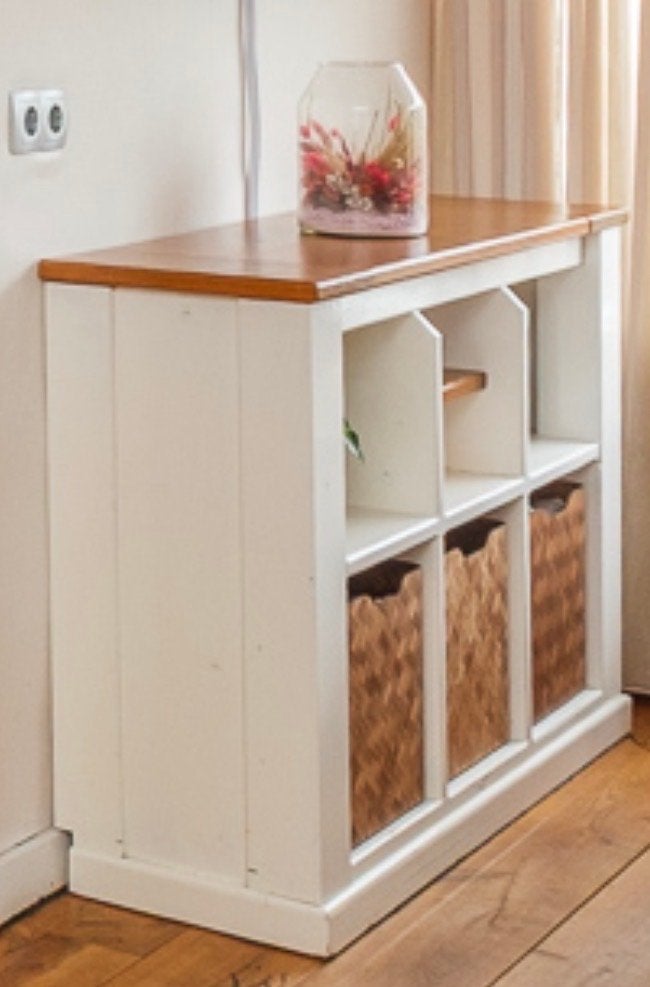 Houten dressoir met opbergbakken, Ophalen, Met plank(en), Gebruikt, 100 tot 150 cm