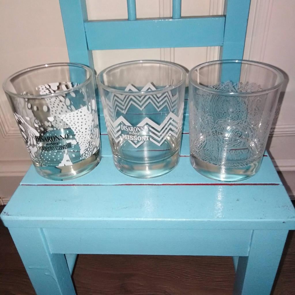 3 Disaronno designer glazen s.e. Cavalli, Etro, Missoni, Huis en Inrichting, Ophalen, Glas of Glazen, Overige stijlen, Glas