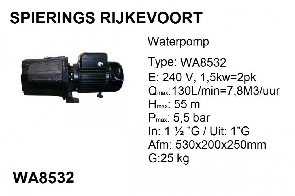 Waterpomp 1,5kw / 2pk 230V  180 L/min 10 M3/uur Spierings, Tuin en Terras, Niet ingevuld, Niet ingevuld, Nieuw, Ophalen of Verzenden