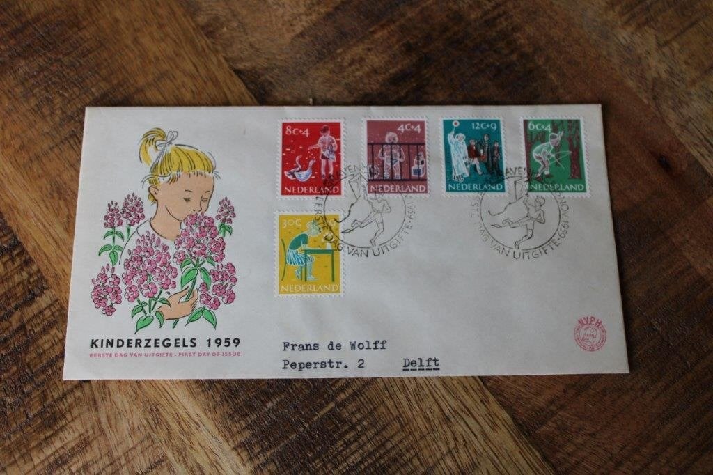 1959 FDC E41 - Kinderzegels - eerstedagenvelop getypt adres, Ophalen of Verzenden, Beschreven, Nederland