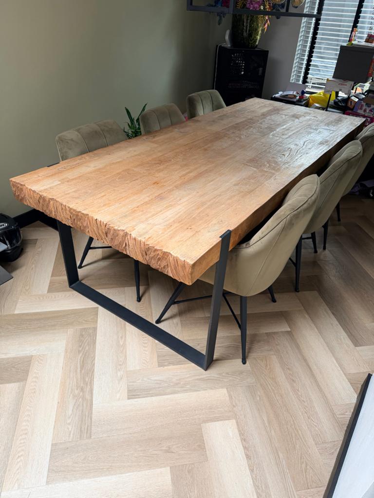 Robuuste Teak eettafel met metalen onderstel, Ophalen, 100 tot 150 cm, Teakhout, 200 cm of meer