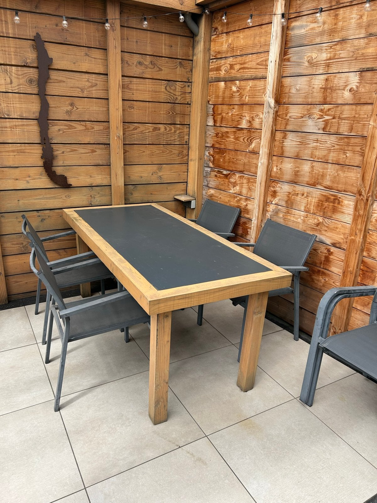 Douglas tuintafel 180x80 met Trespa blad en 6 stoelen, Tuin en Terras, Tuinsets en Loungesets, Ophalen, Gebruikt, Eettafel, 6 zitplaatsen