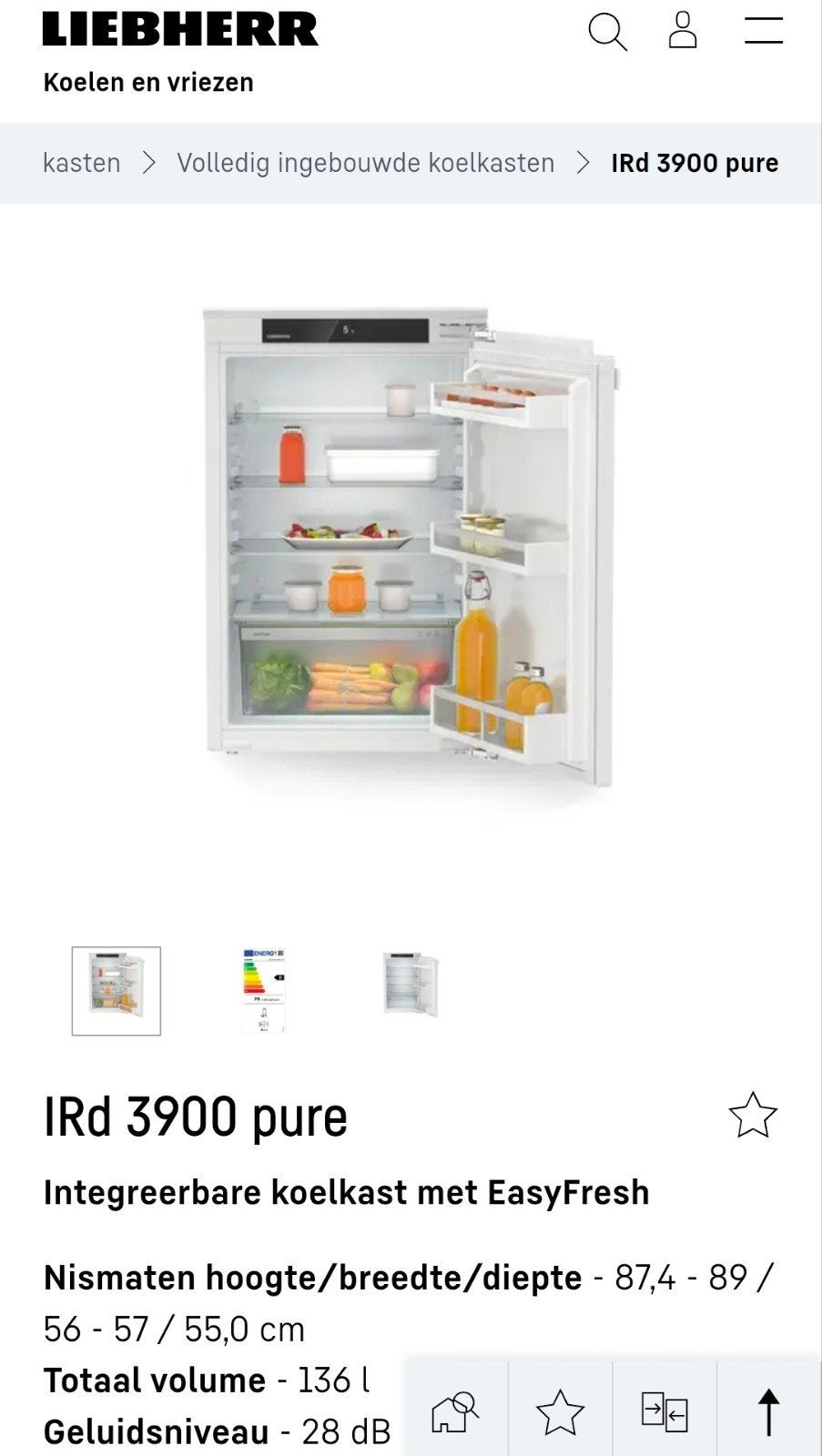 Liebherr DRf 3900 Inbouwkoelkast (88 cm)Zeer stil & Luxe, Minder dan 60 cm, Zo goed als nieuw, Energieklasse A of zuiniger, Inbouw