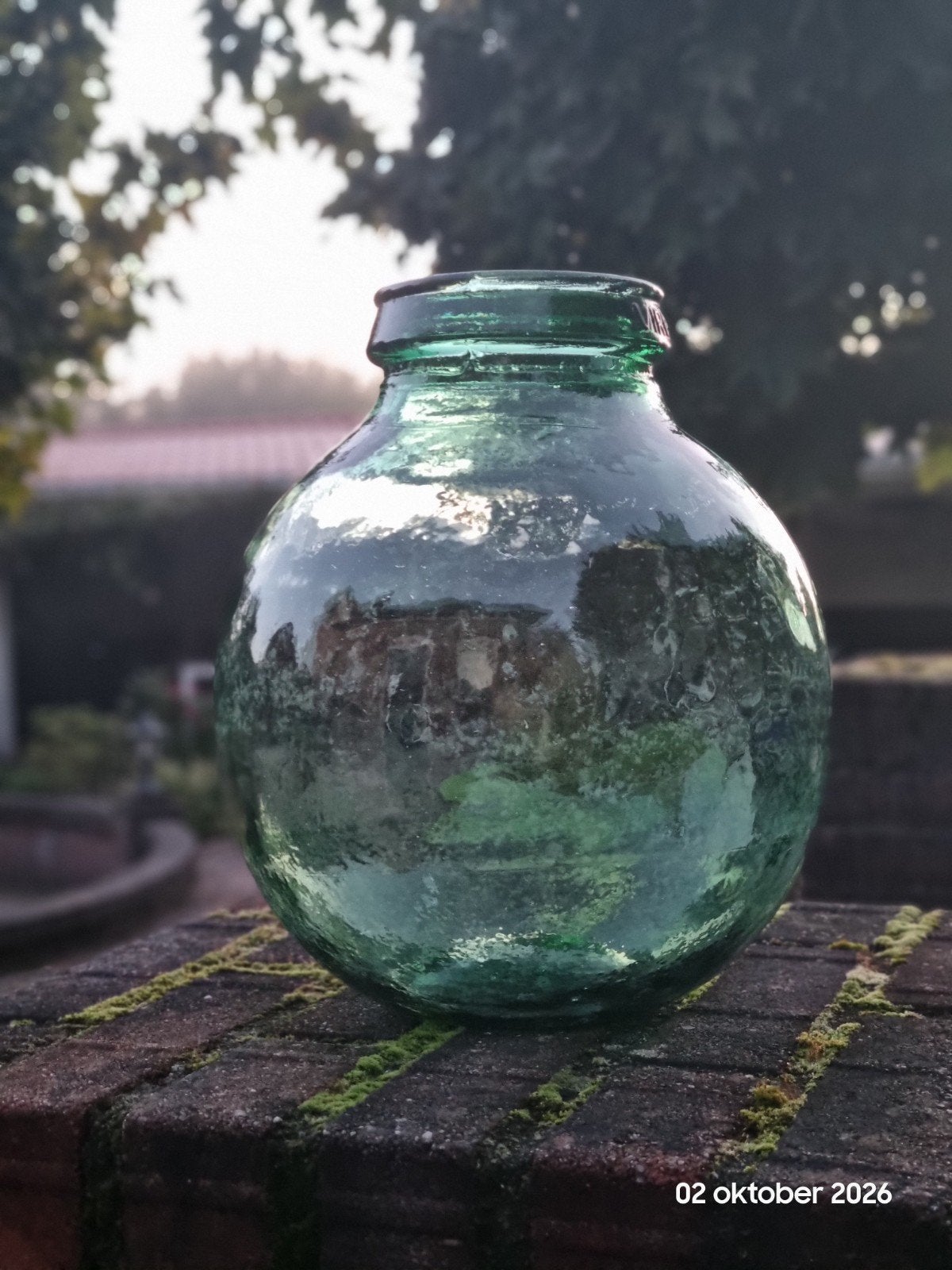 vintage Grote Groene Glazen Bol Fles / bol vaas - Viresa, Ophalen