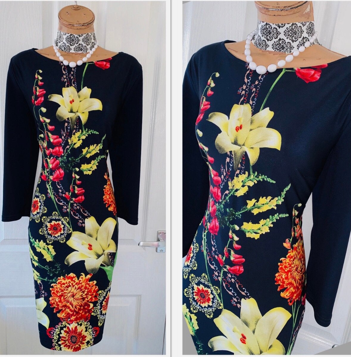 Ribkoff elegante jurk zwart met kleurrijke print 3/4 mouw 48, Maat 46/48 (XL) of groter, Joseph Ribkoff, Zo goed als nieuw, Onder de knie