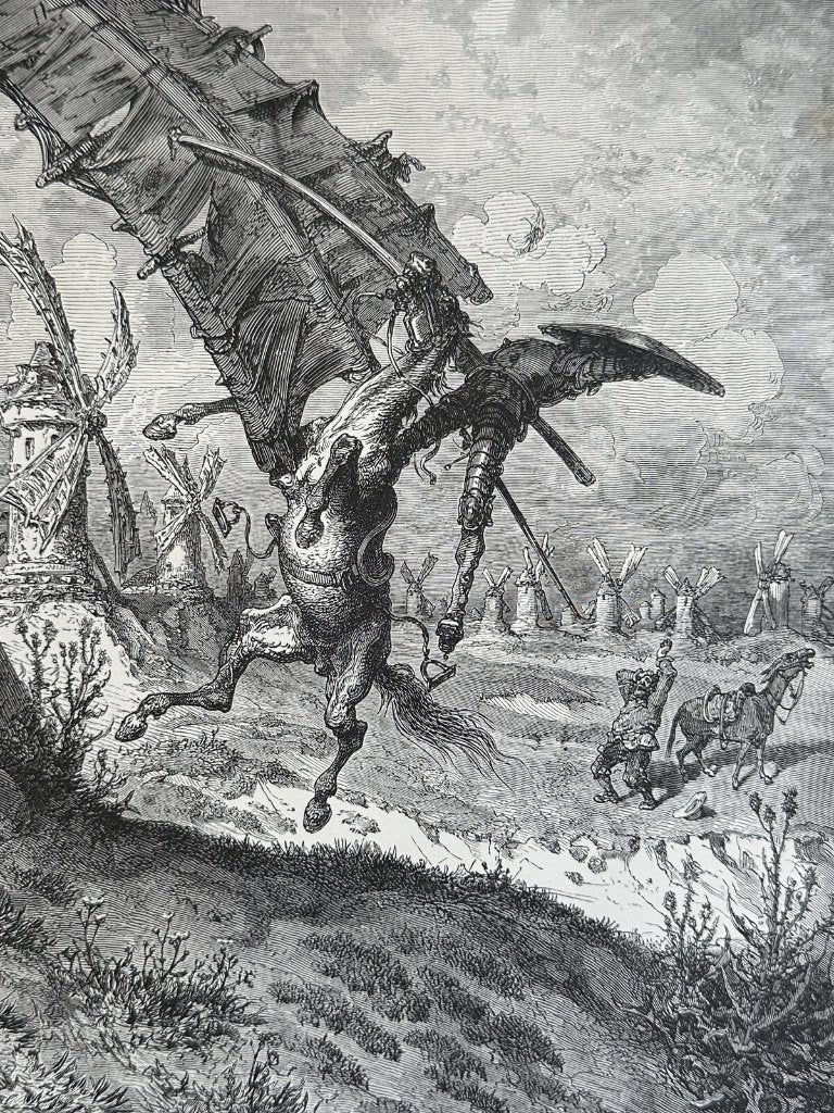 Don Quichot en de windmolens - Doré houtgravure 1890, Antiek en Kunst, Kunst | Etsen en Gravures, Ophalen of Verzenden, 30 cm
