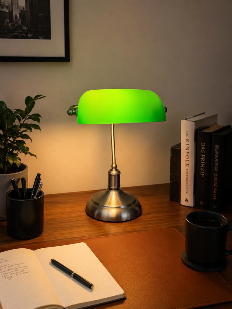 Klassieke Bankierslamp met Groene Kap, Verzenden, Zo goed als nieuw, Glas, Minder dan 50 cm