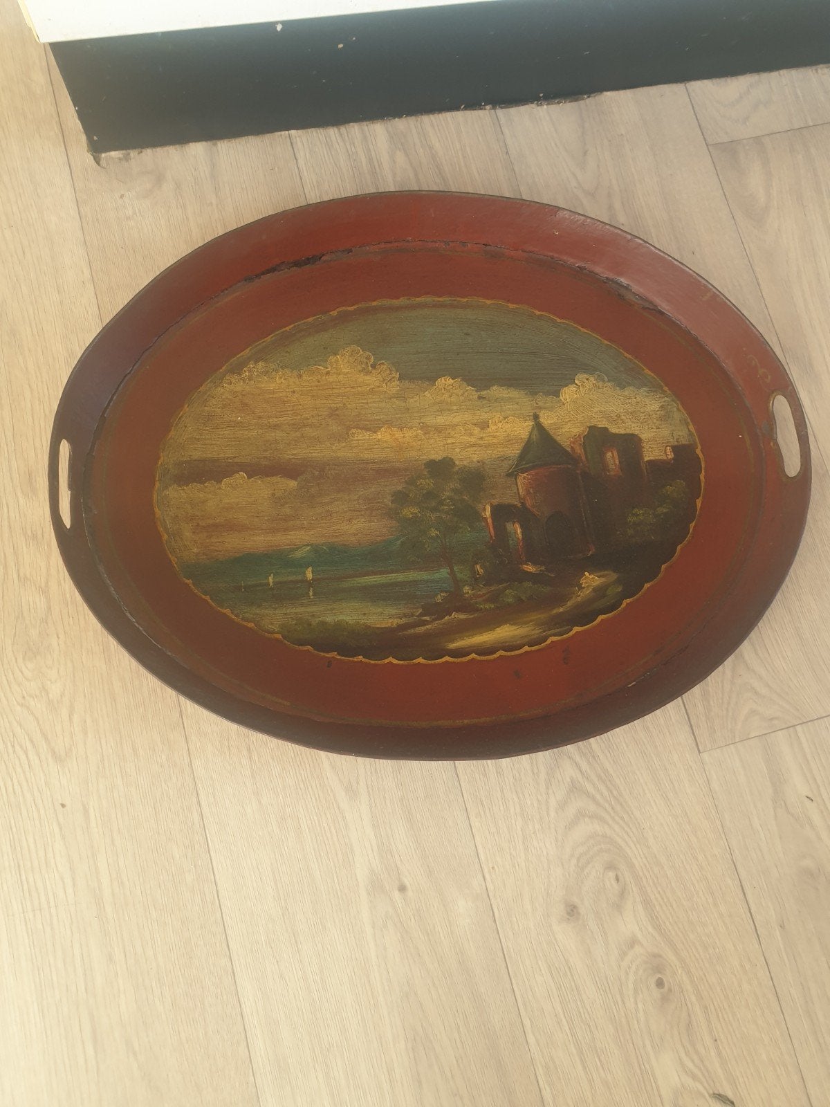Prachtig geschilderde metalen schaal met landschap, Ophalen of Verzenden