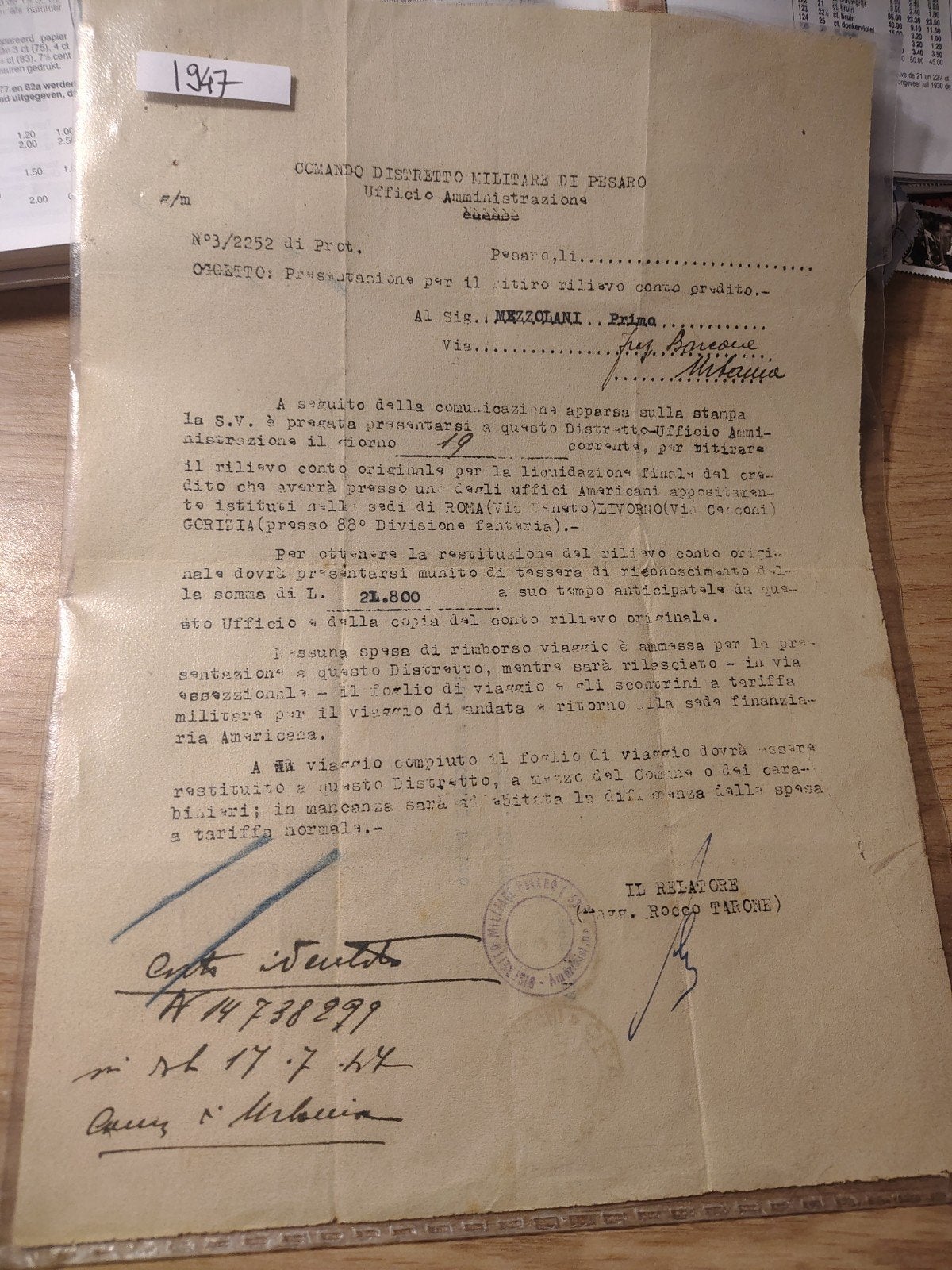 Italië militair document 1947, Ophalen of Verzenden