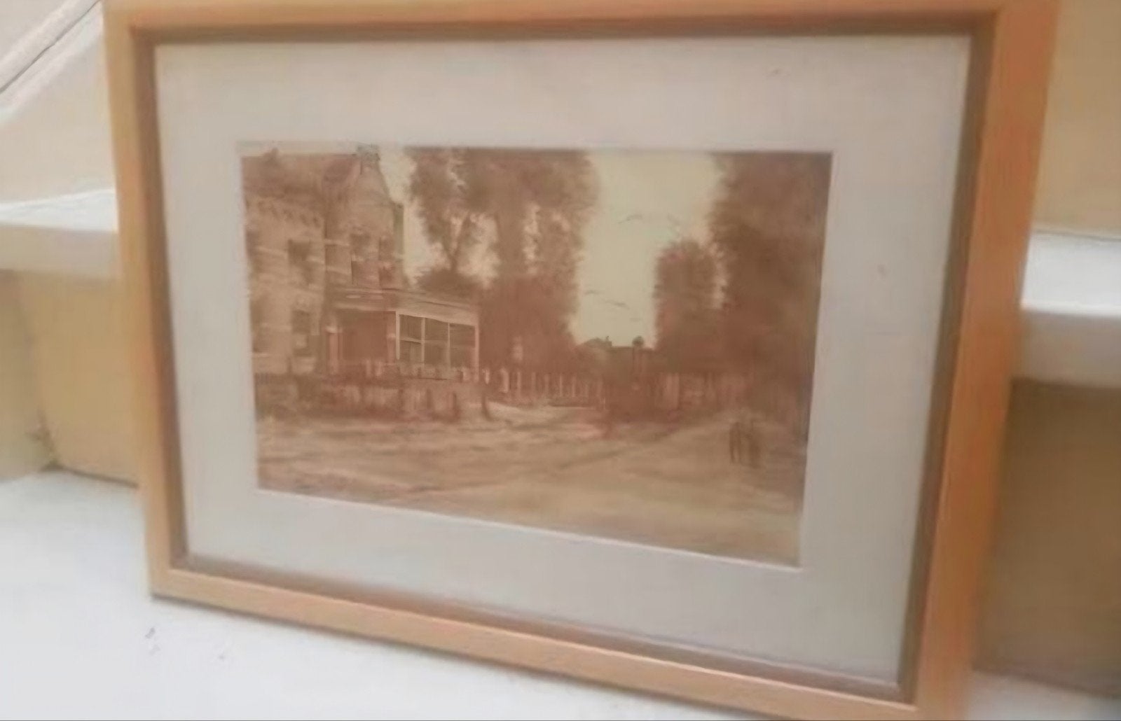 Schilderij hotel henderiks en halte gooische tram, Ophalen of Verzenden