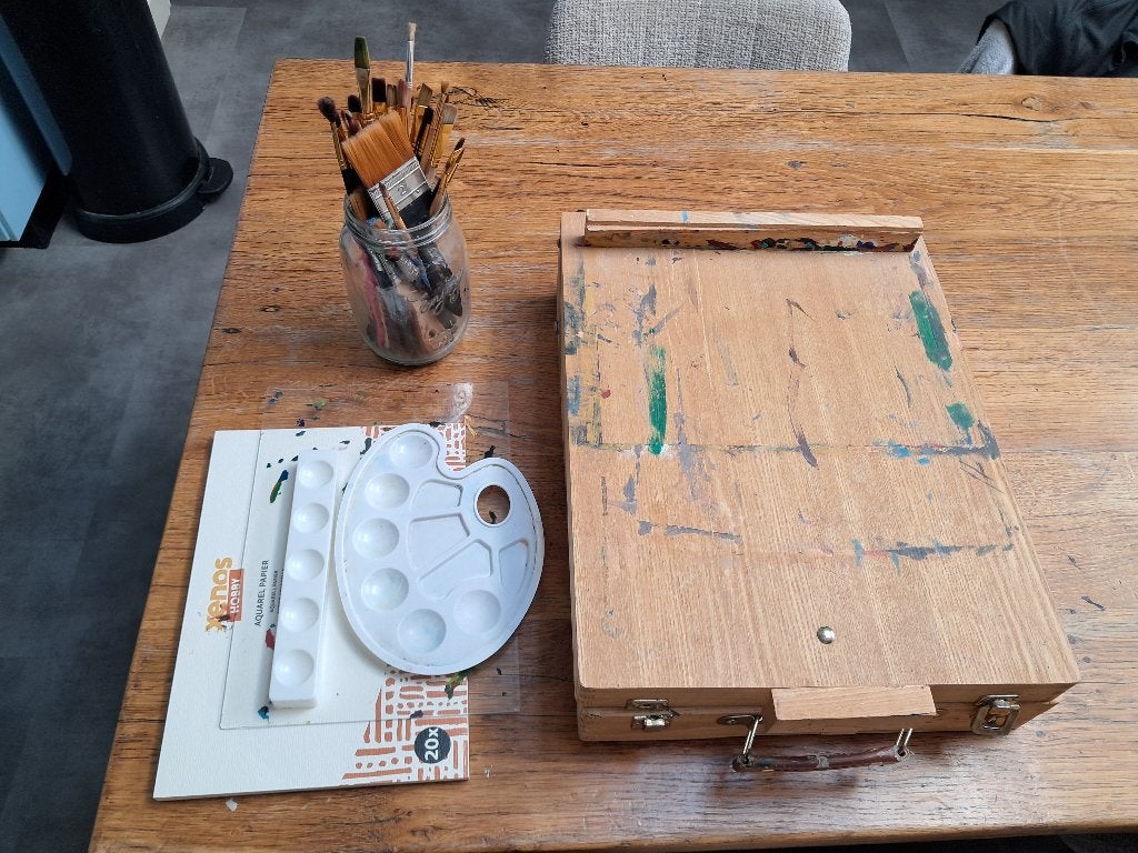 Schildersset, draagbare ezel, kwasten, verf, papier, Hobby en Vrije tijd, Schilderen, Ophalen, Gebruikt, Ezel