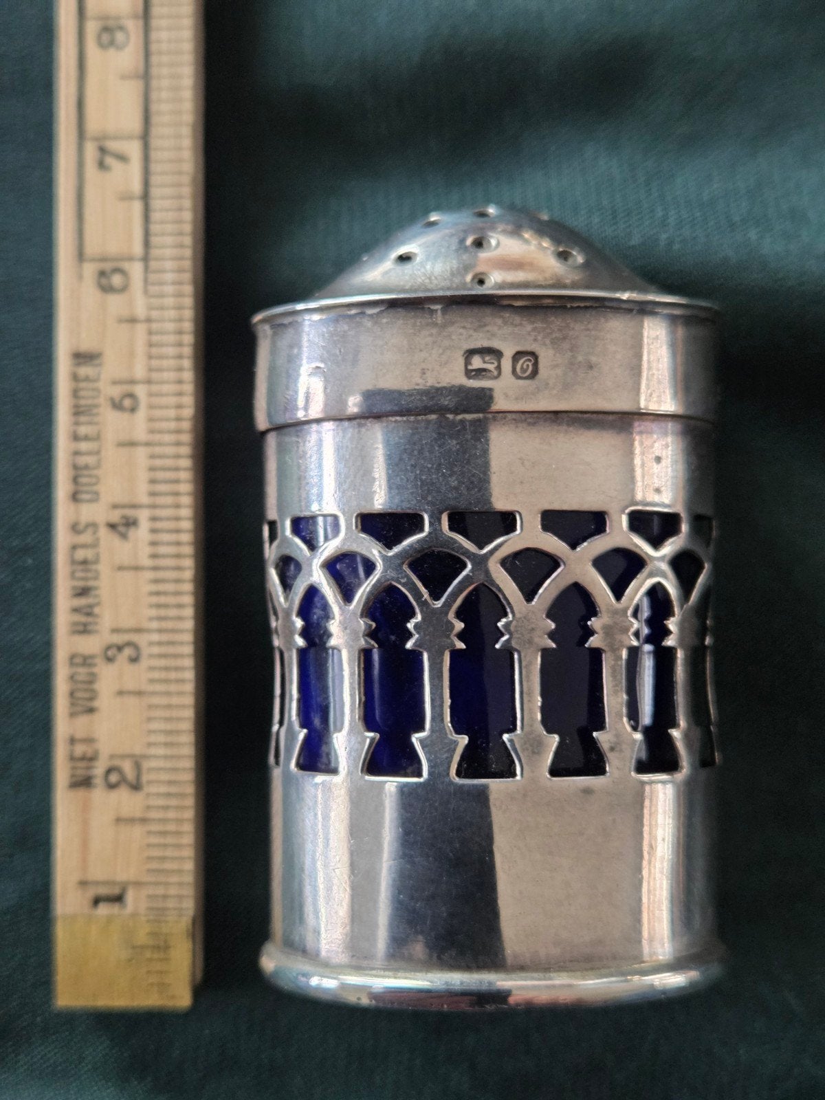 Antieke Zilveren Peperstrooier met Kobaltblauw Glas, Ophalen of Verzenden, Zilver