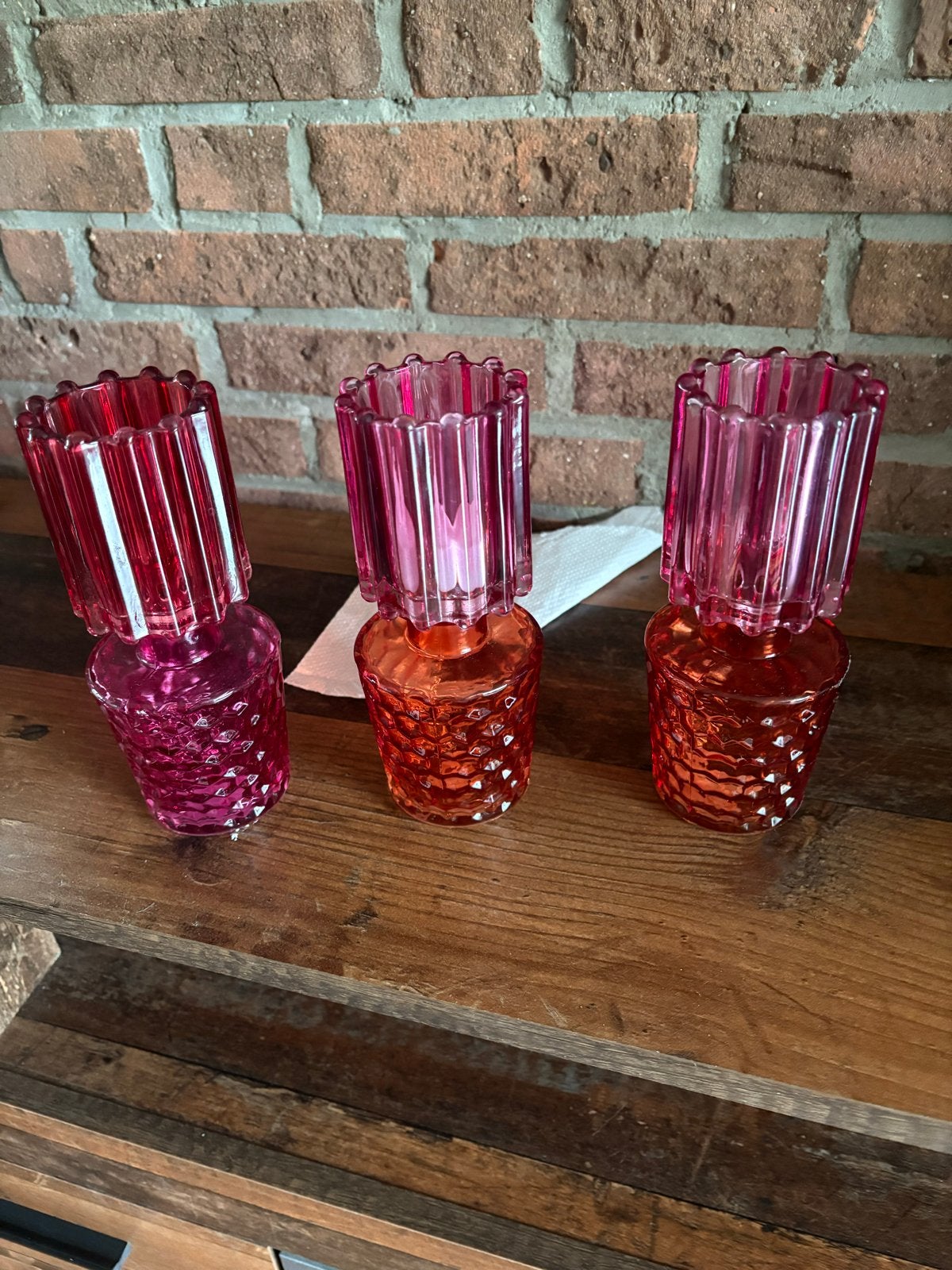 Set van 3 glazen waxinelichthouders in roze/oranje tinten, Waxinelichthouder, Ophalen of Verzenden, Roze, Glas