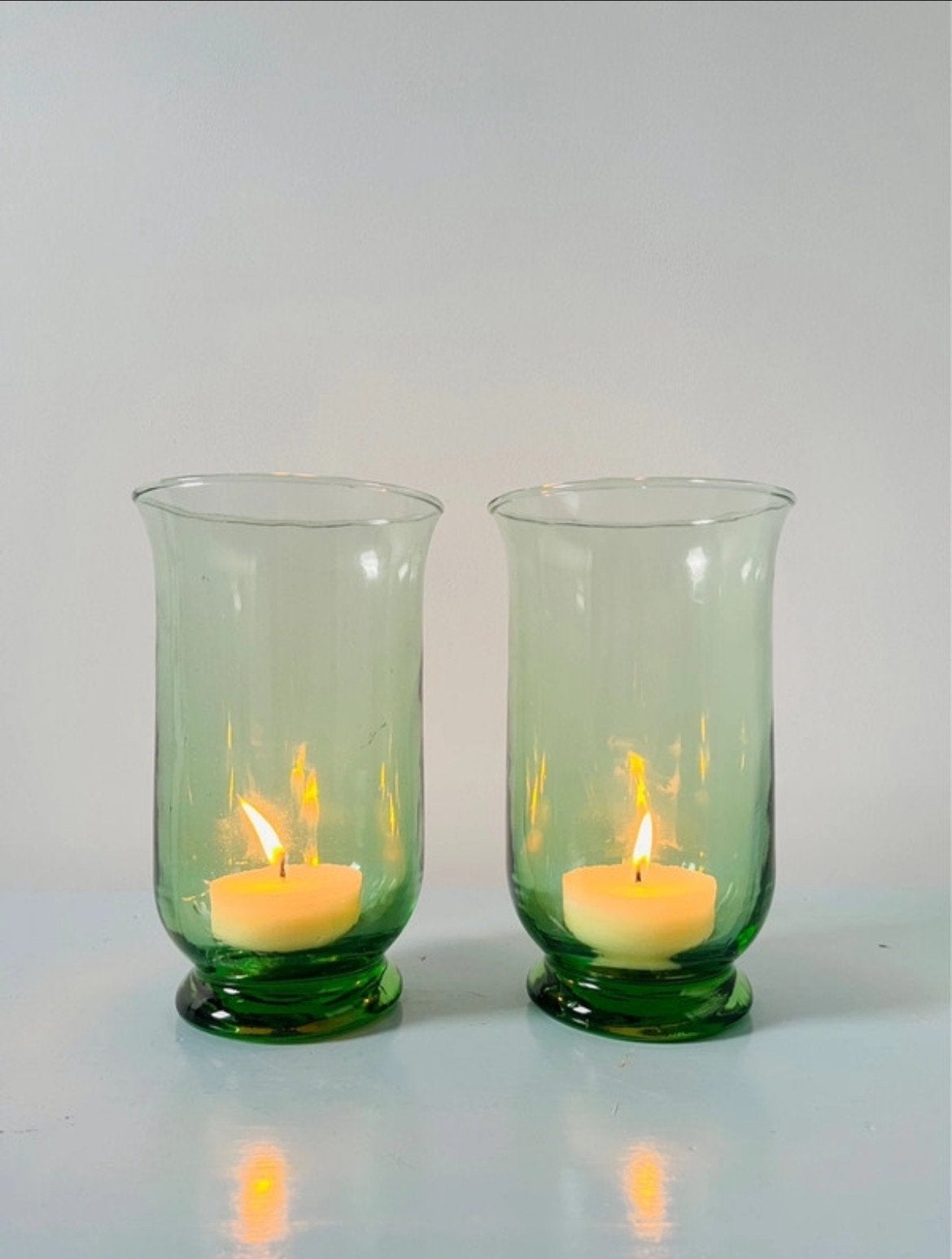 Set van 2 groene glazen windlichten/waxinelichthouders, Ophalen of Verzenden, Glas