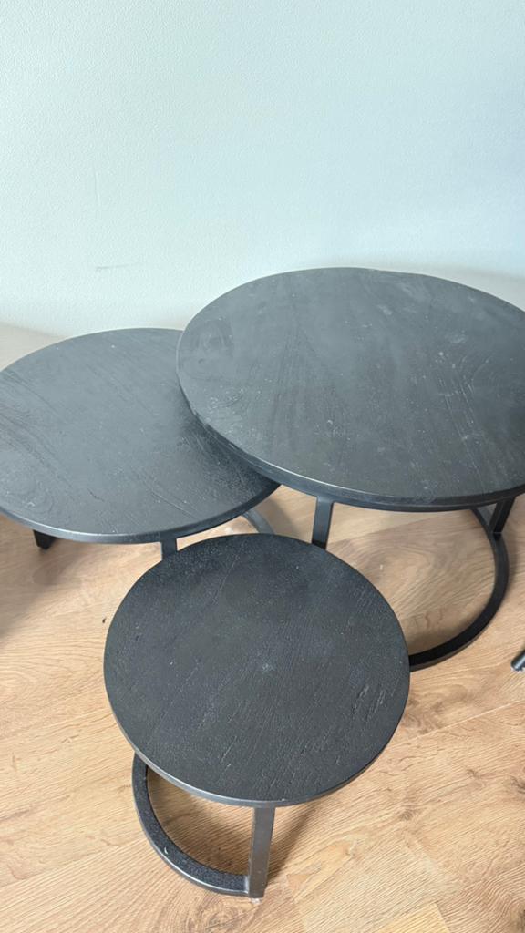 Salontafel setje zwart mangohout, Huis en Inrichting, Tafels | Bijzettafels, Ophalen, Gebruikt, Rond