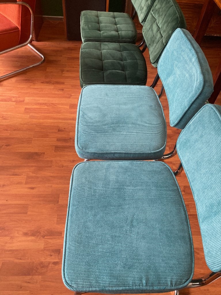 4x Fluwelen Velvet Velours Buisframe Rib Stoelen Blauw Groen, Ophalen, Overige kleuren, Buisframe - Azul Rib & Donkergroen, Zo goed als nieuw