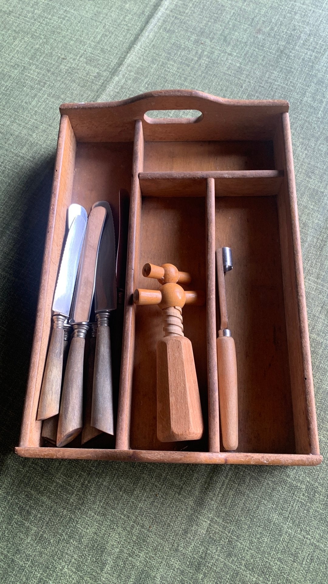 Vintage houten bestekbak met inhoud, Antiek en Kunst, Ophalen of Verzenden