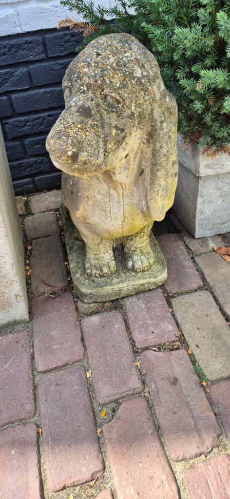 Vintage stenen basset tuinbeeld, Ophalen of Verzenden, Gebruikt, Steen, Dierenbeeld