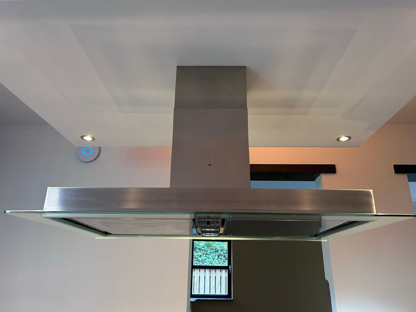 Moderne Eilandschouwkap RVS met Glas, Witgoed en Apparatuur, Gebruikt, Ophalen of Verzenden, 400 tot 600 m³ per uur, Eilandschouwkap
