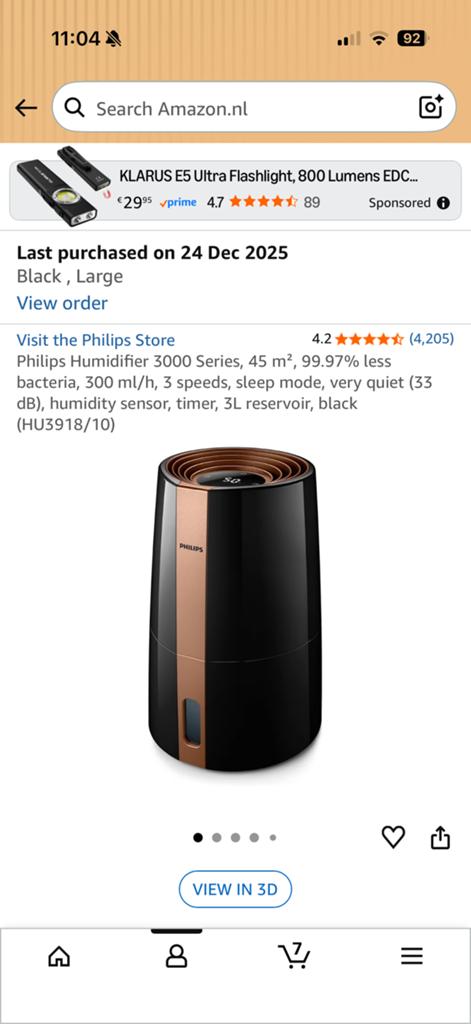 Philips Luchtbevochtiger 3000 Serie - Zwart (HU3918/10), Ophalen, Gebruikt, Luchtbevochtiger