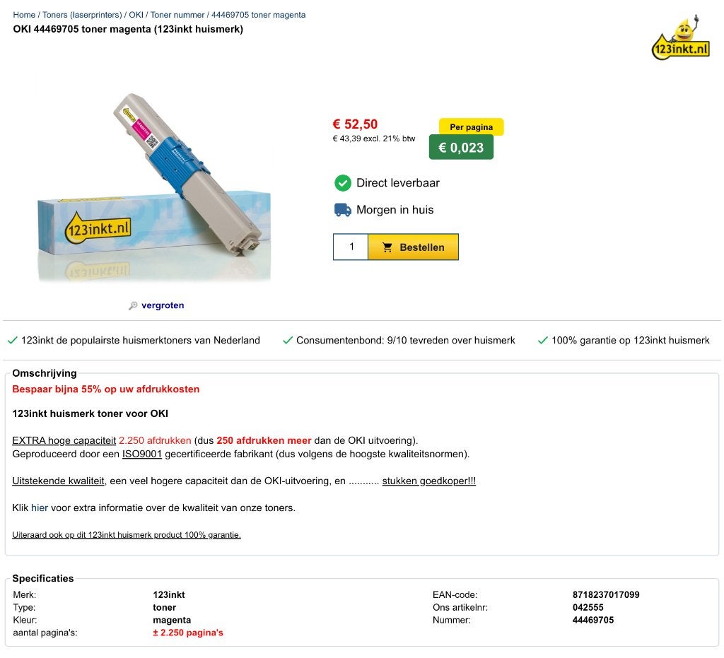 OKI 44469705 printer toner magenta (123inkt huismerk), All-in-one, Nieuw, Ophalen of Verzenden, Oki
