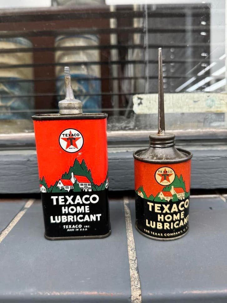 Vintage Texaco Home Lubricant Olieblikjes (Set van 2), Gebruikt, Gebruiksvoorwerp, ., Ophalen of Verzenden