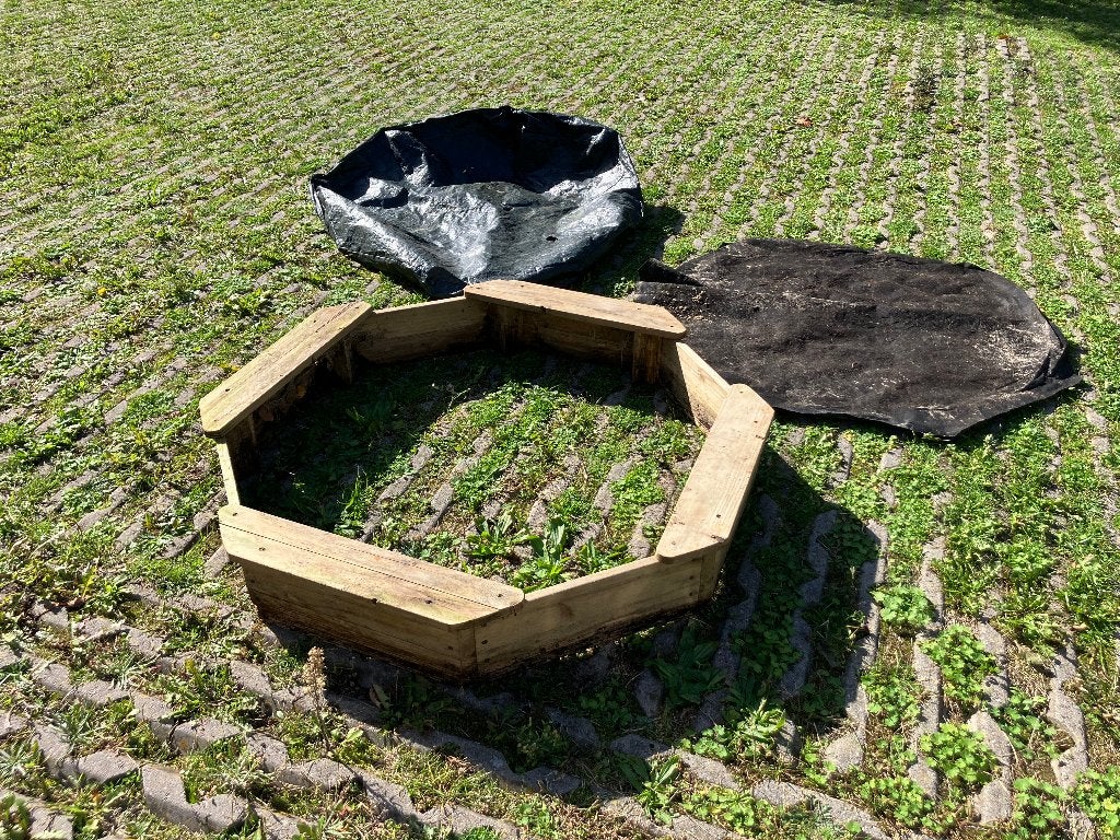 Plum achthoekige houten zandbak met afdekzeil en speelzand, Kinderen en Baby's, Ophalen, Gebruikt