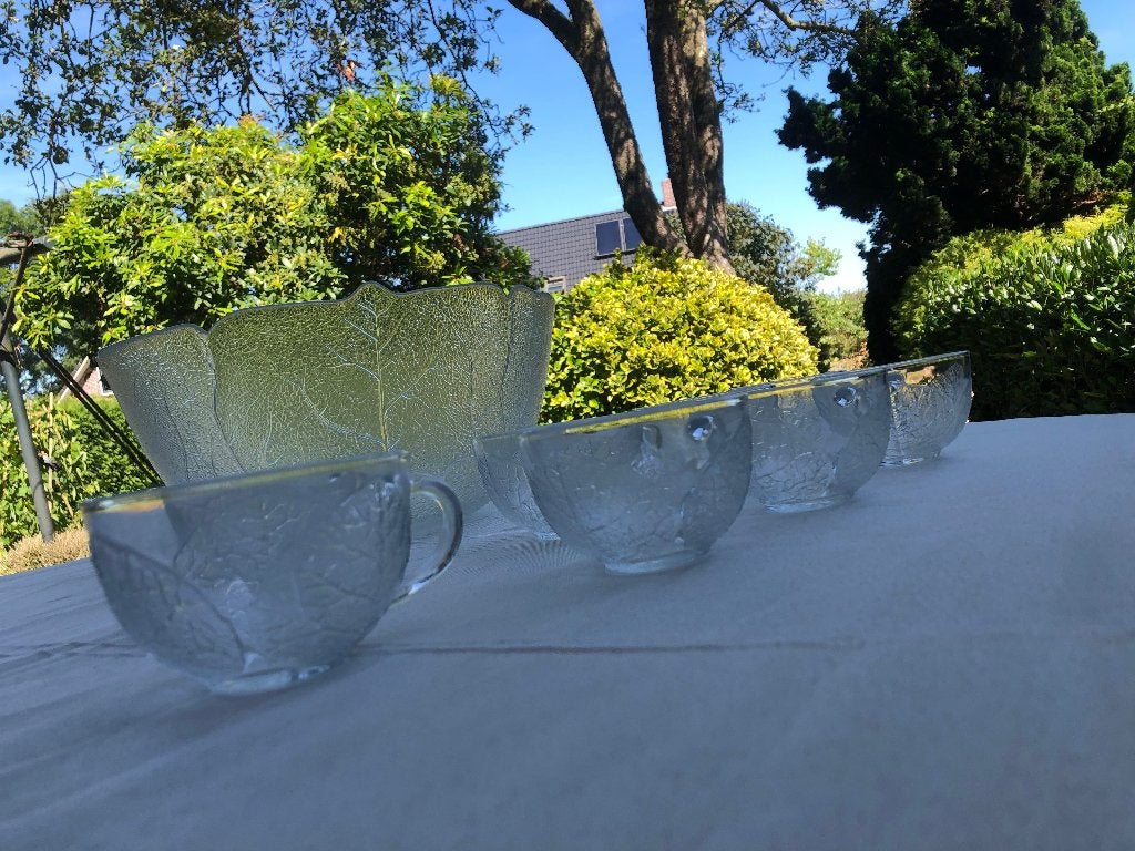Mooie bowl schaal met 8 grote glazen met blad reliëf, Overige merken, Nieuw, Ophalen of Verzenden, Overige stijlen