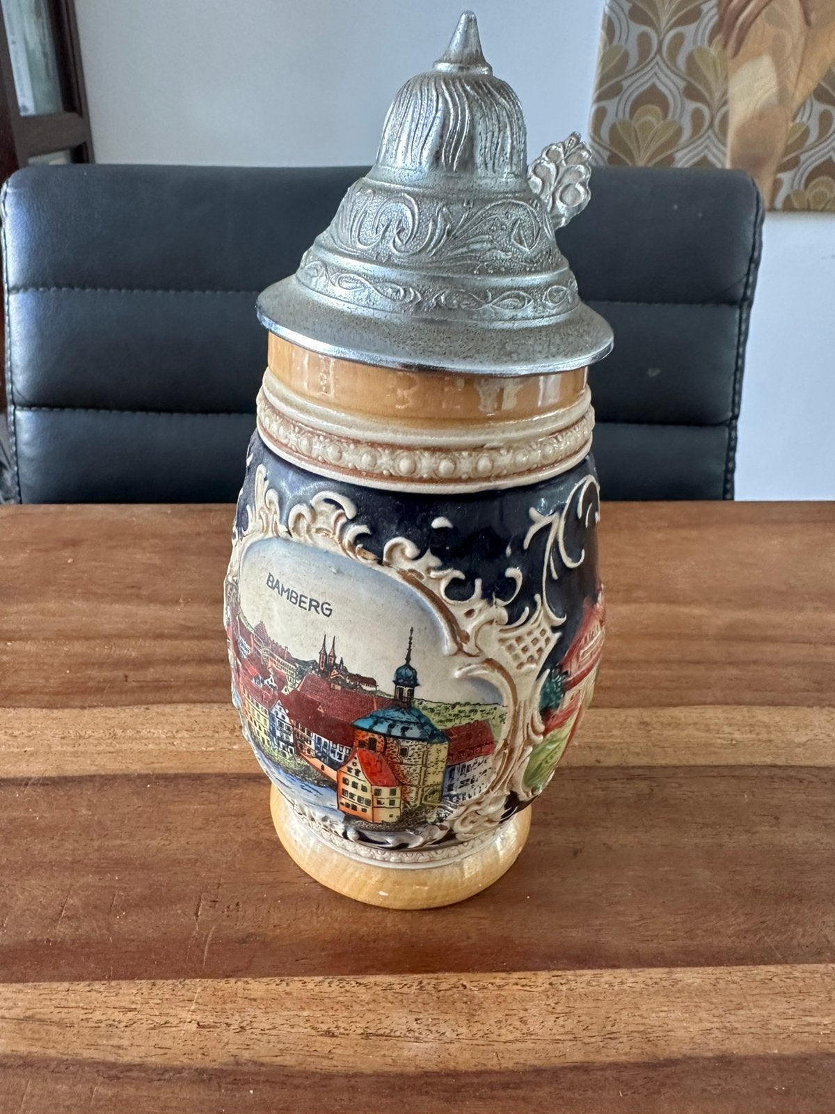Vintage Duitse bierpul met tinnen deksel Bamberg., Ophalen of Verzenden