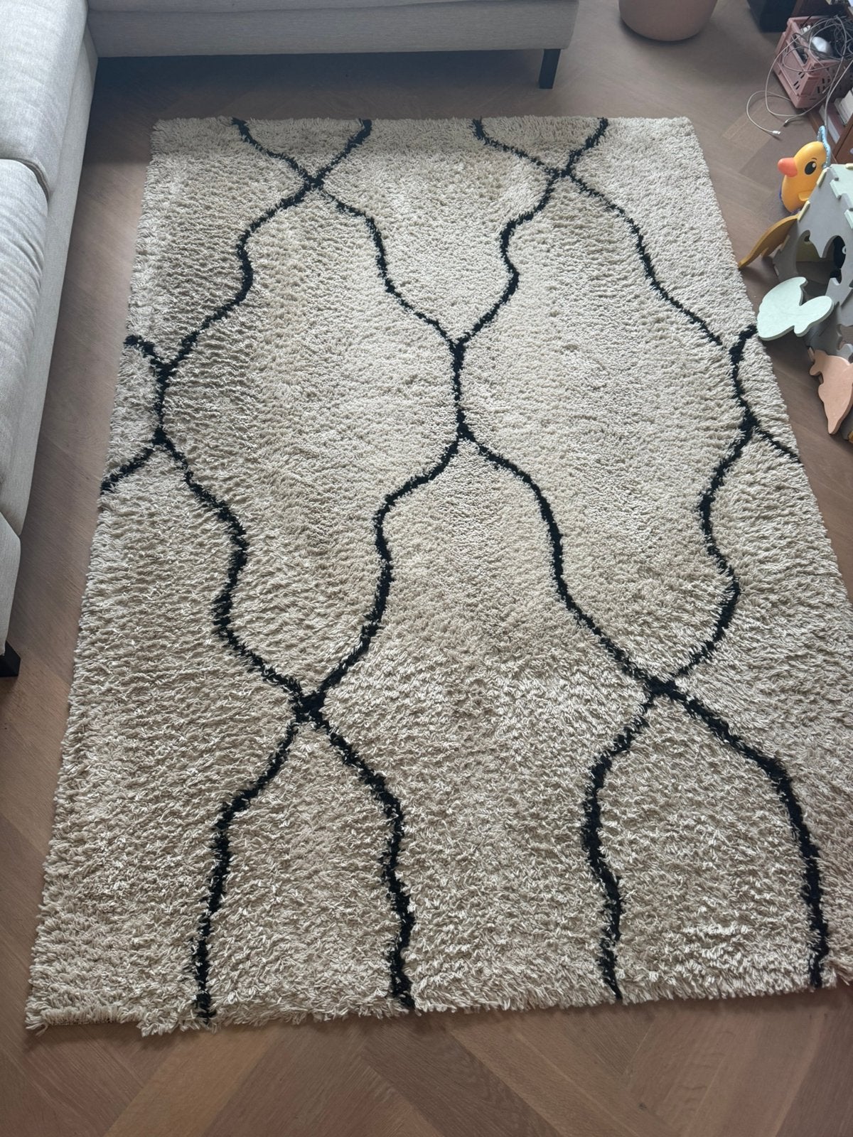 Vloerkleed met zwarte lijnen van Karwei, Ophalen, Gebruikt, 150 tot 200 cm, Crème