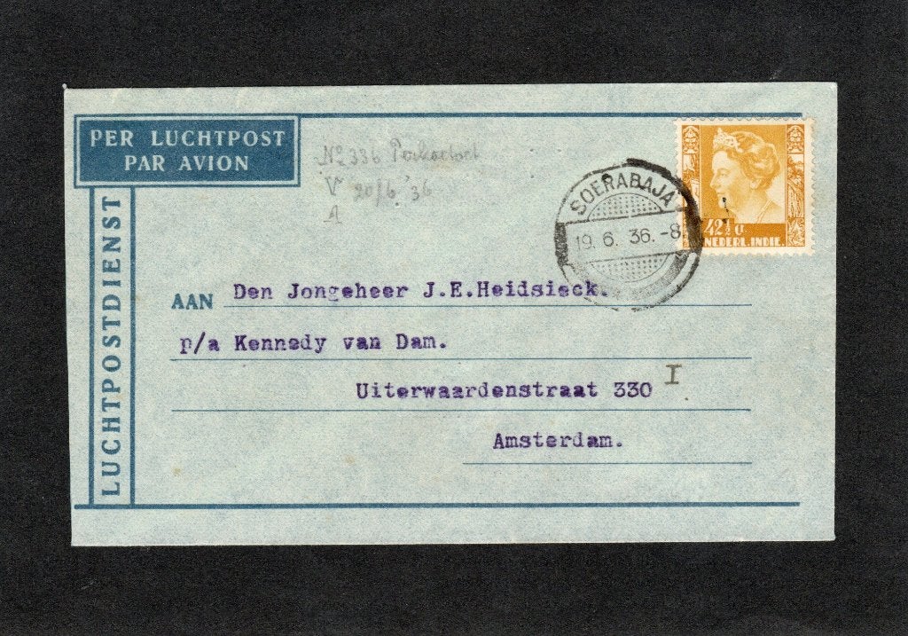 Luchtpost Ned. Indie / Soerabaja naar Amsterdam 19-06-1936, Ophalen of Verzenden, Envelop