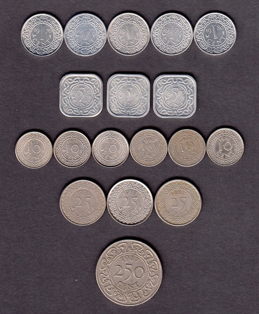 Suriname - verzameling 18 munten 1976-1989 -KM#12,13,14,25, Postzegels en Munten, Ophalen of Verzenden, Noord-Amerika
