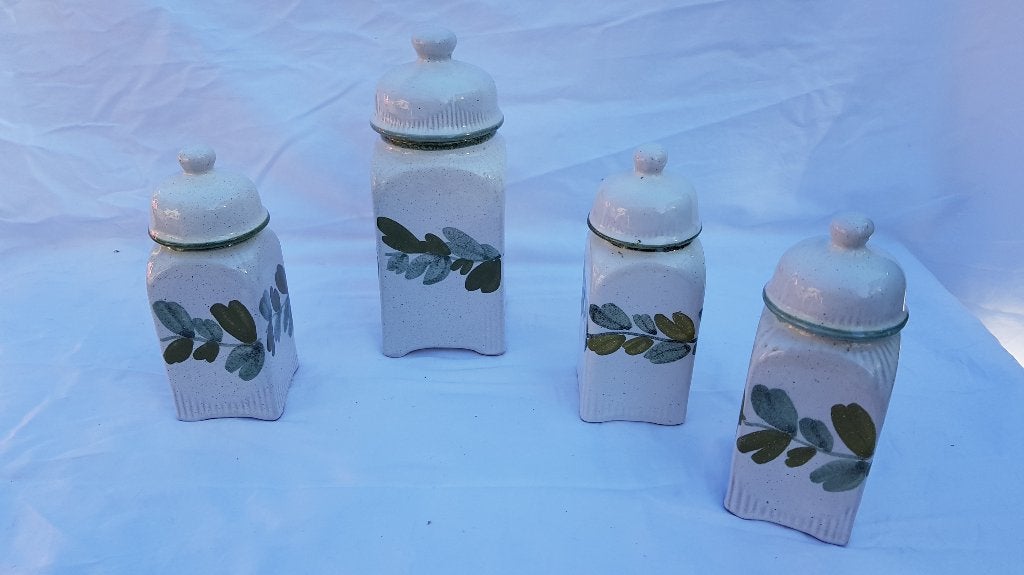 4 vintage Strehla voorraadpotten aardewerk 7445 en 7446. 7B3, Ophalen of Verzenden