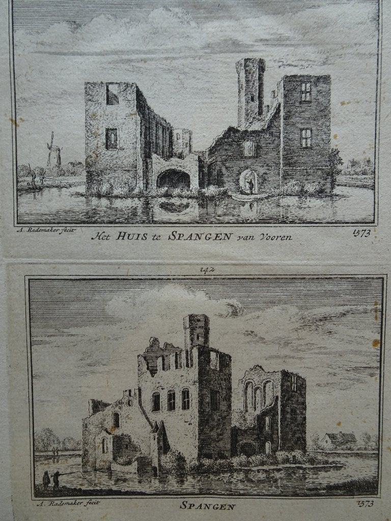 gravure kasteel Spangen Overschie, Rotterdam Rademaker 1725, Verzenden, Architectuur, Gravure, Origineel