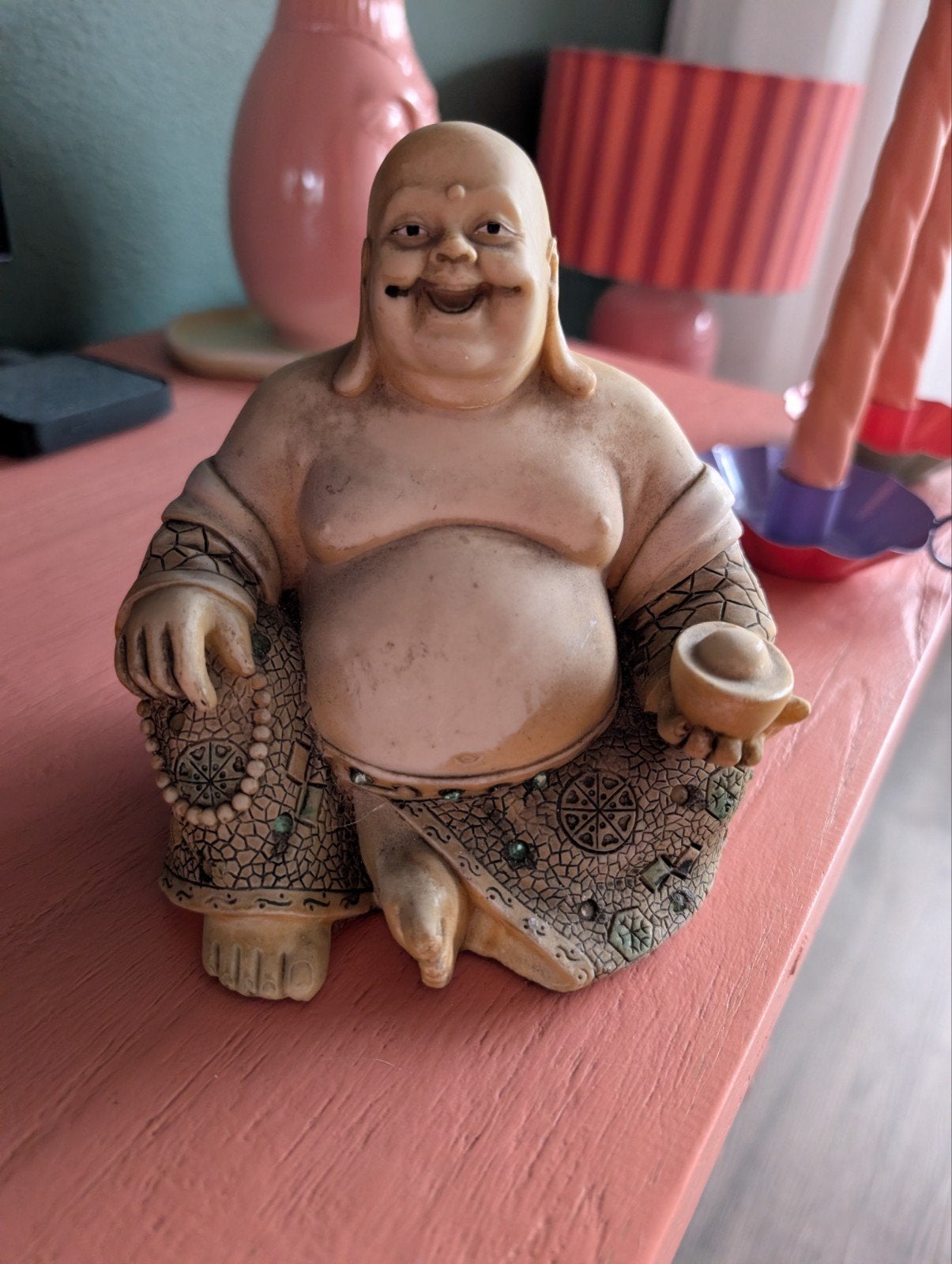 Lachende Boeddha beeldje - Geluksbrenger, Ophalen of Verzenden, Gebruikt, Steen/keramiek, Beige