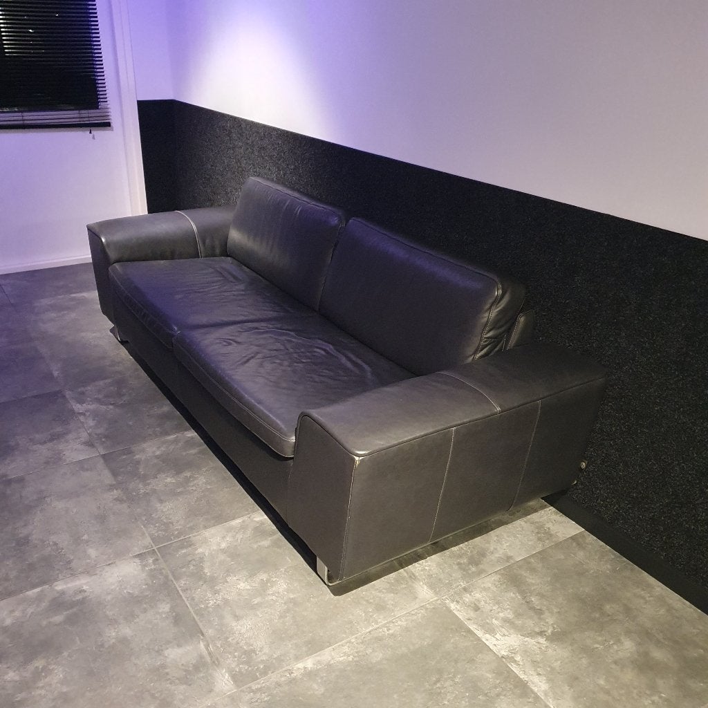 H&H Relaxbank Bankstel Zwart leer, Henders & Hezel, 2,5 zits, Gebruikt, Driepersoons, 75 tot 100 cm, Ophalen of Verzenden
