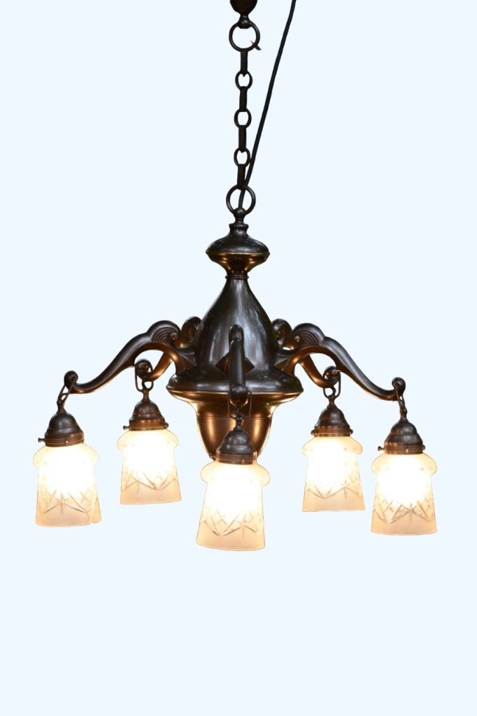 Mooie vintage hanglamp / kroonluchter met geëtst glas, Ophalen