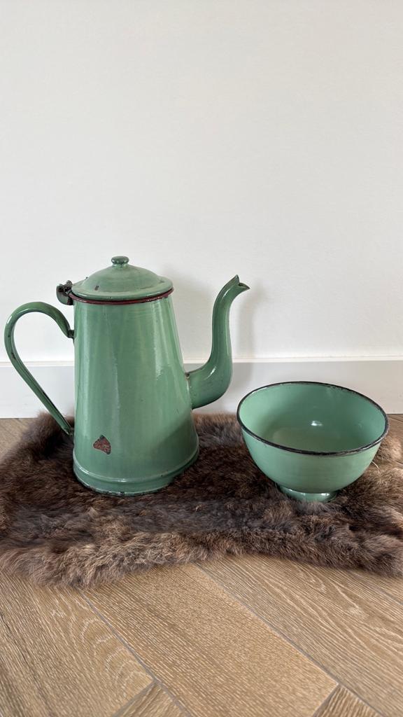Brocante emaille thee/koffiepot met kommetje, Antiek en Kunst, Antiek | Emaille, Ophalen of Verzenden