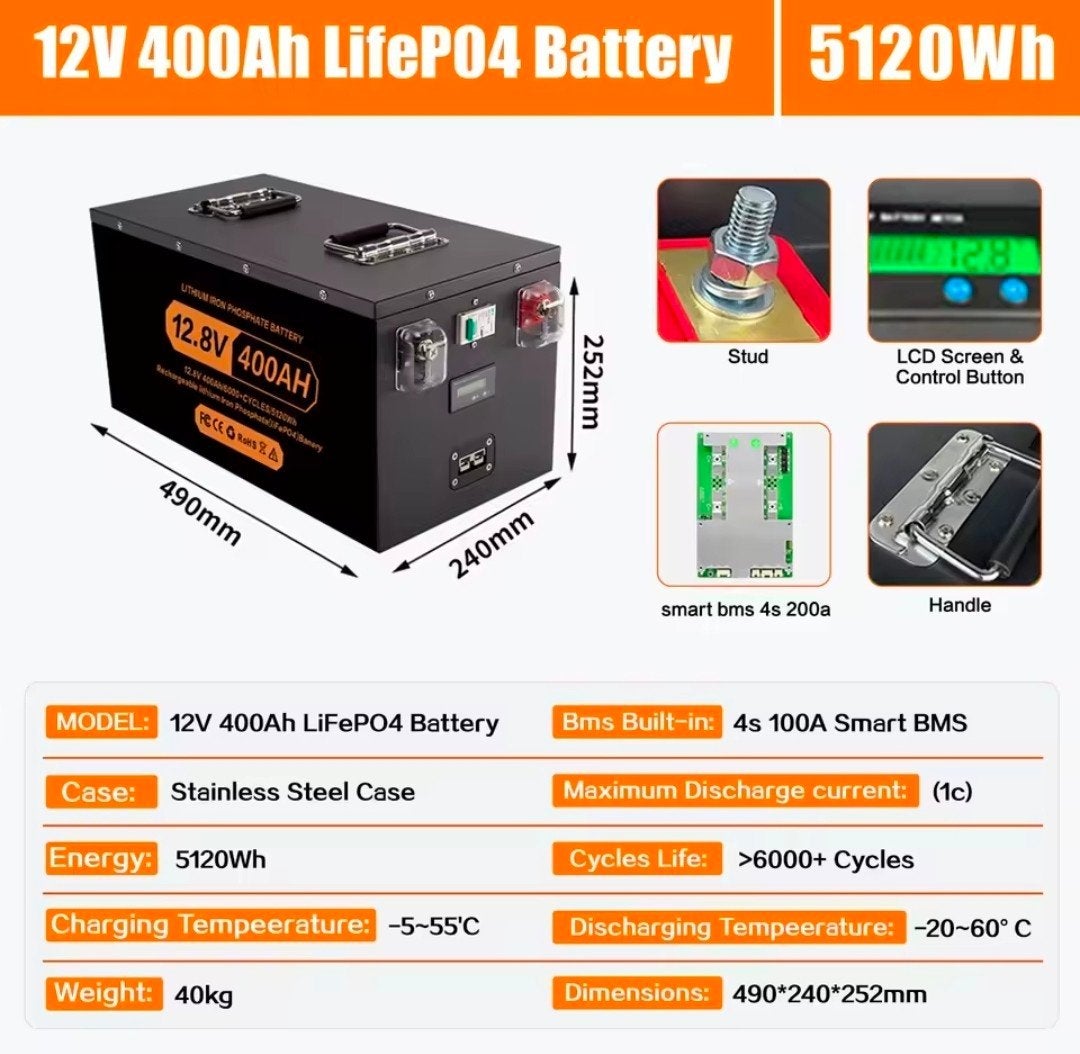 12V 400Ah LiFePO4 Batterij 5120Wh met Smart BMS, Ophalen of Verzenden, Nieuw
