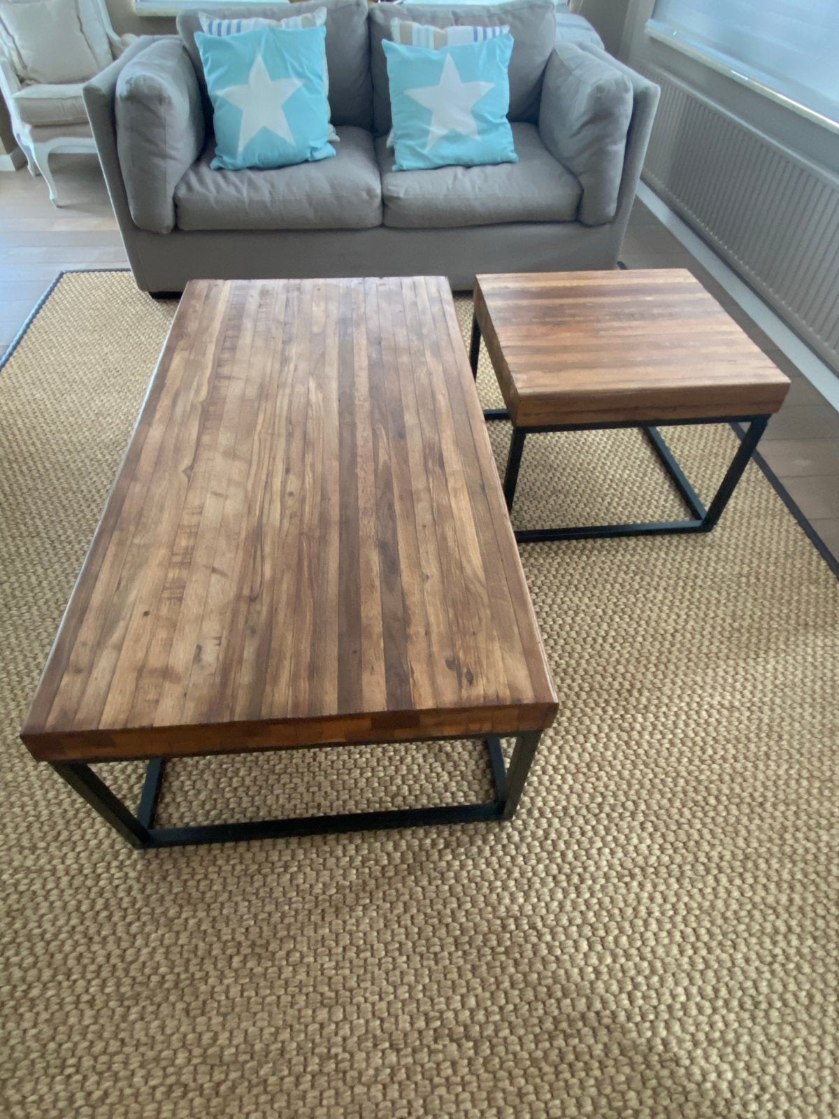 Set van 2 salontafels: hout en metaal, industrieel, Ophalen, 100 tot 150 cm, 50 tot 100 cm, Zo goed als nieuw