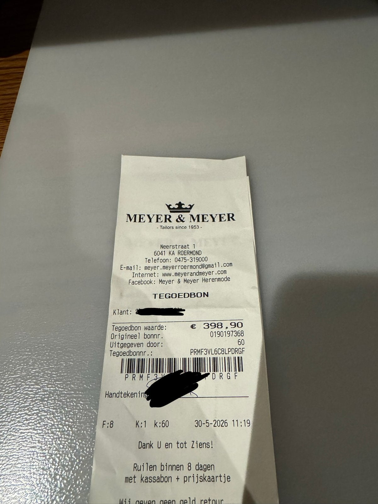 Meyer & Meyer cadeaubon - tegoedbon t.w.v. €400, Tickets en Kaartjes, Eén persoon, Cadeaubon