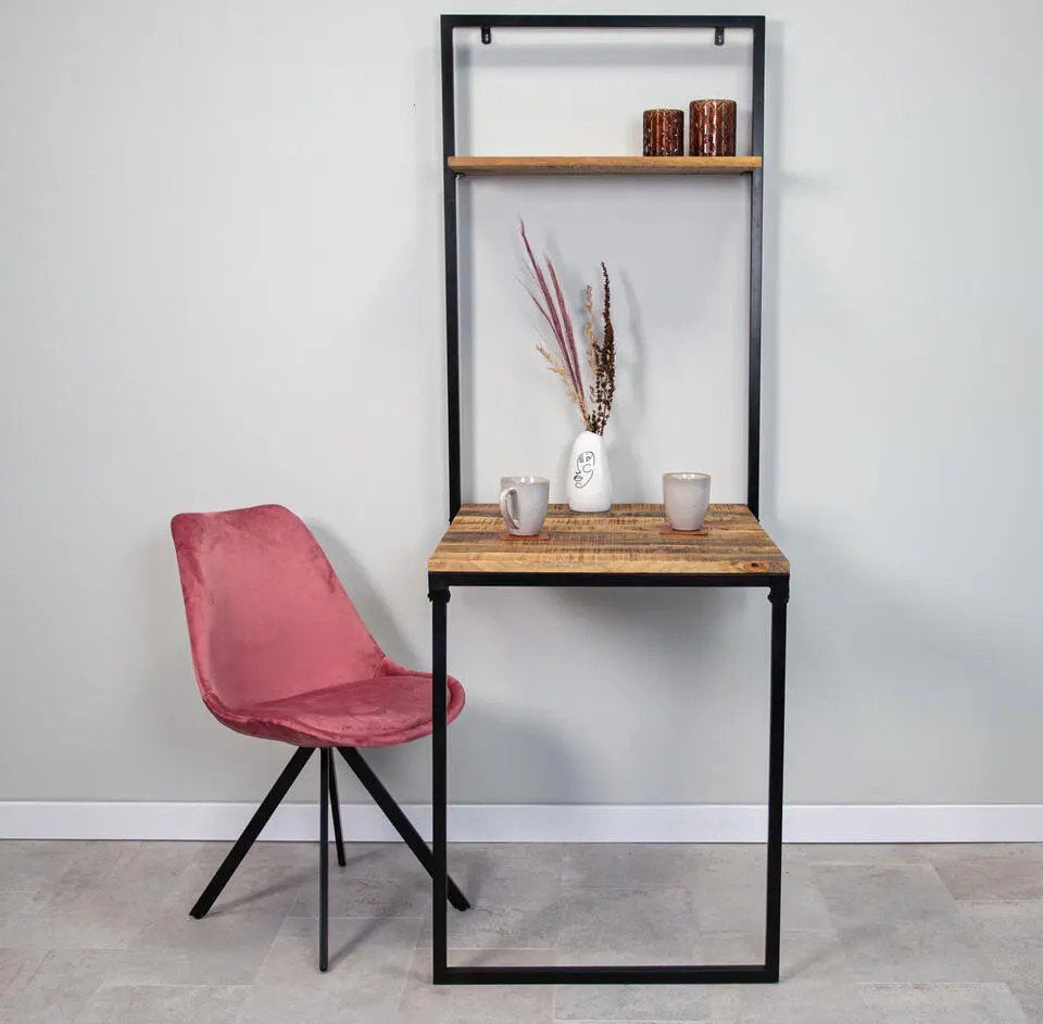 Industriële wandtafel inklapbaar Berguna -  Mangohout, Ophalen, 100 tot 150 cm, Zo goed als nieuw, 25 tot 50 cm