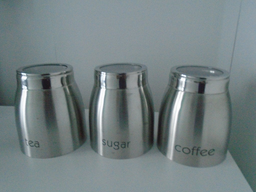 Set van 3 RVS voorraadpotten voor thee, suiker en koffie, Pot, Bus of Blik, Zo goed als nieuw, Rvs, Overige merken