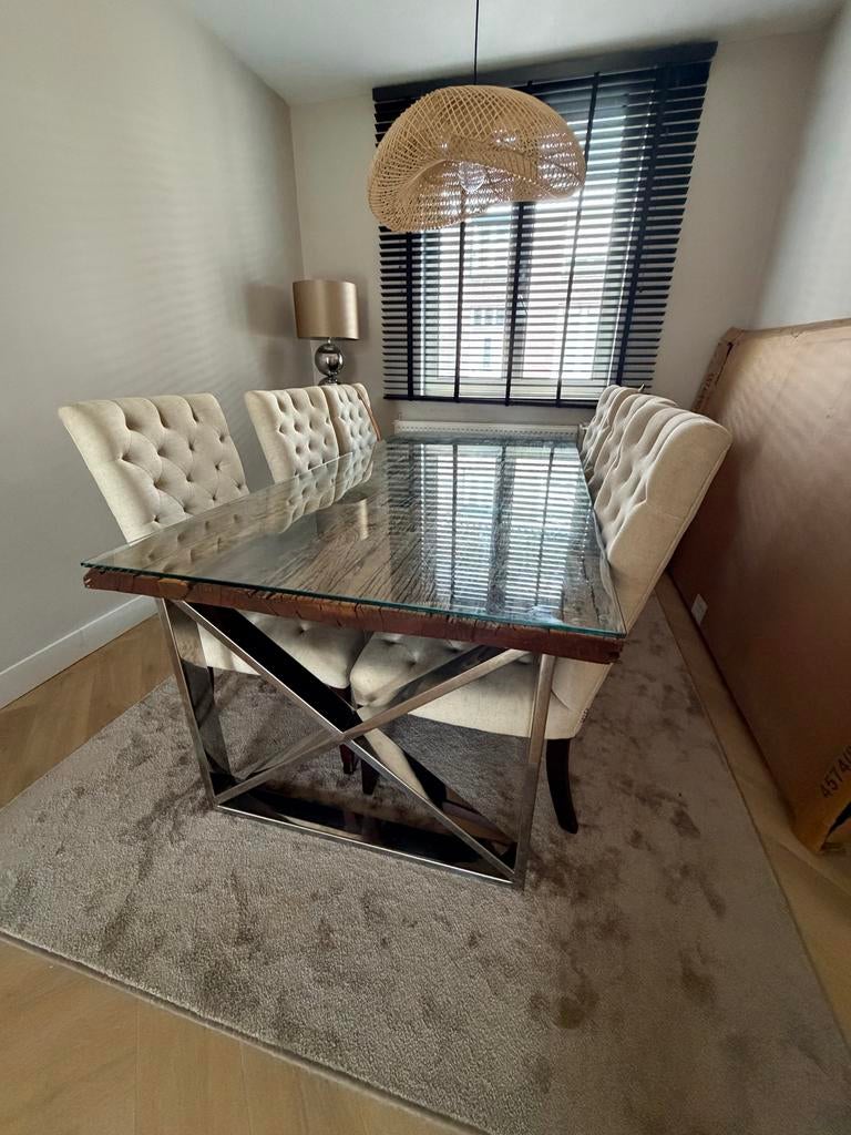 Eric Kuster Stijl Eettafel 200x100 met Glasplaat, Huis en Inrichting, Tafels | Eettafels, Ophalen, Gebruikt, 100 tot 150 cm, Glas