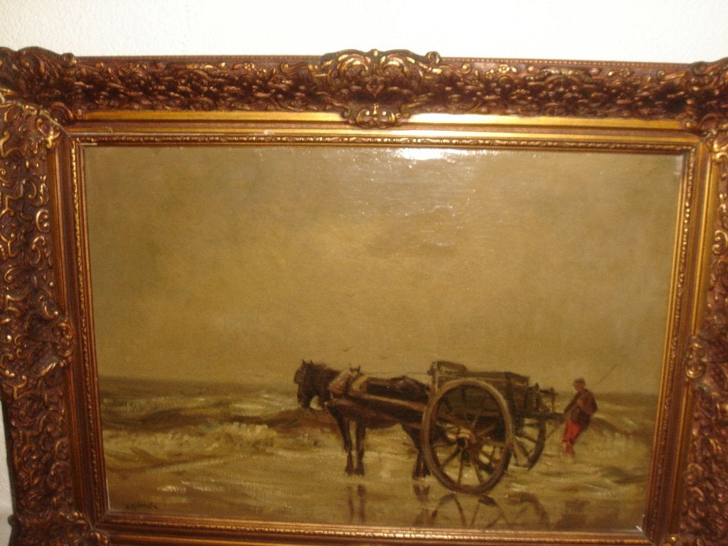 Jan Knikker sr. (1889–1957) - Schelpen zoeker met kar., Maritiem / water, Nederlandse school, Doek, Ophalen of Verzenden