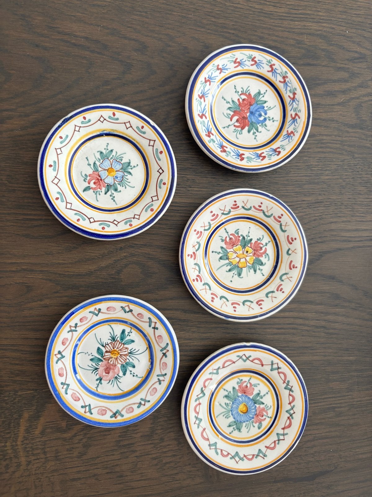 Set van 5 handgeschilderde decoratieve bordjes 8cm diameter, Antiek en Kunst, Ophalen of Verzenden