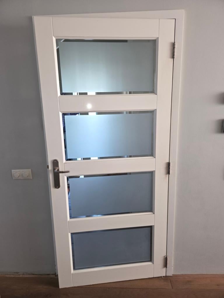 Witte binnendeur met matglas, Doe-het-zelf en Verbouw, Deuren en Horren, Ophalen, Gebruikt, 80 tot 100 cm, Binnendeur
