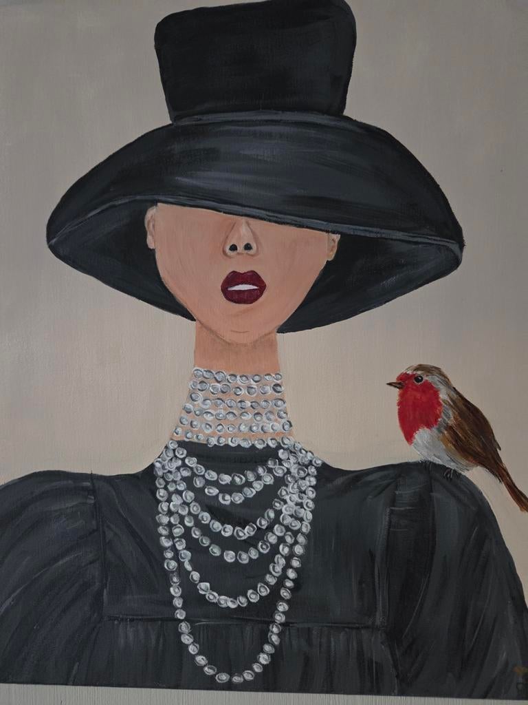 Schilderij dame met hoed en vogel, Antiek en Kunst, Ophalen of Verzenden