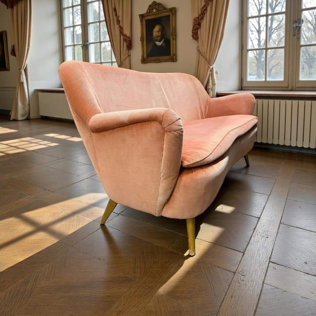 Vintage zalmroze geribte zetel / canapé / fauteuil, Ophalen